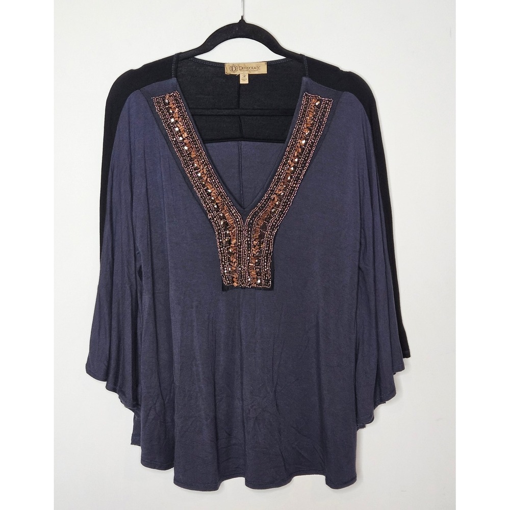 Democracy Y2K Womens Med Beaded Embellished V Neck Poncho Flowy Wide‎ Sleeve Top